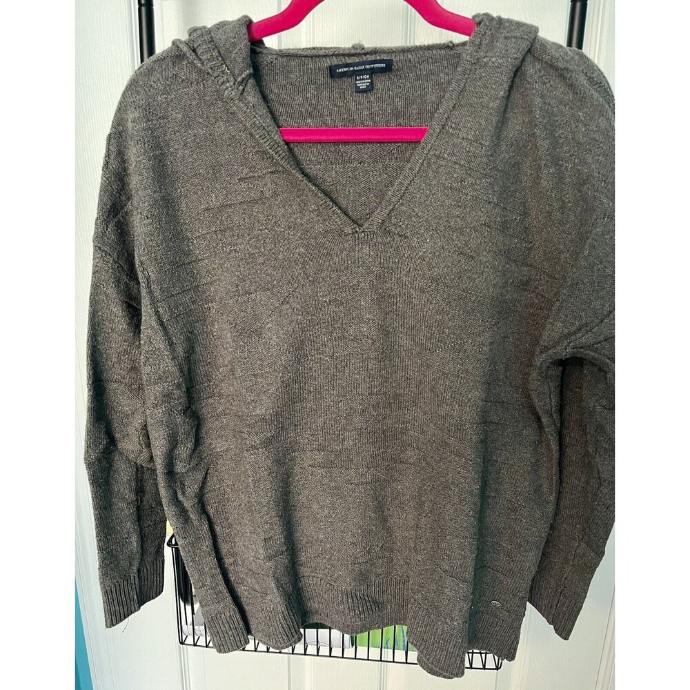 American Eagle Womens Hoodie Sweater Gray V-Neck Pullover Size S Lightly Worn